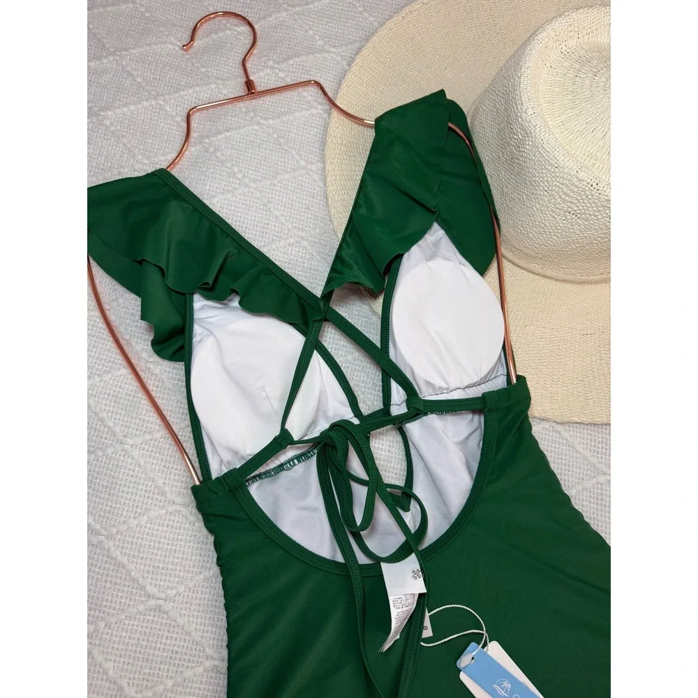 Cupshe Ruffle One Piece Swimsuit‎ Plunge Criss Cross Back Bathing Suit size XS
